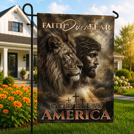 SP-01 Faith Over Fear God Bless America Lion of Judah Christian Garden Flag