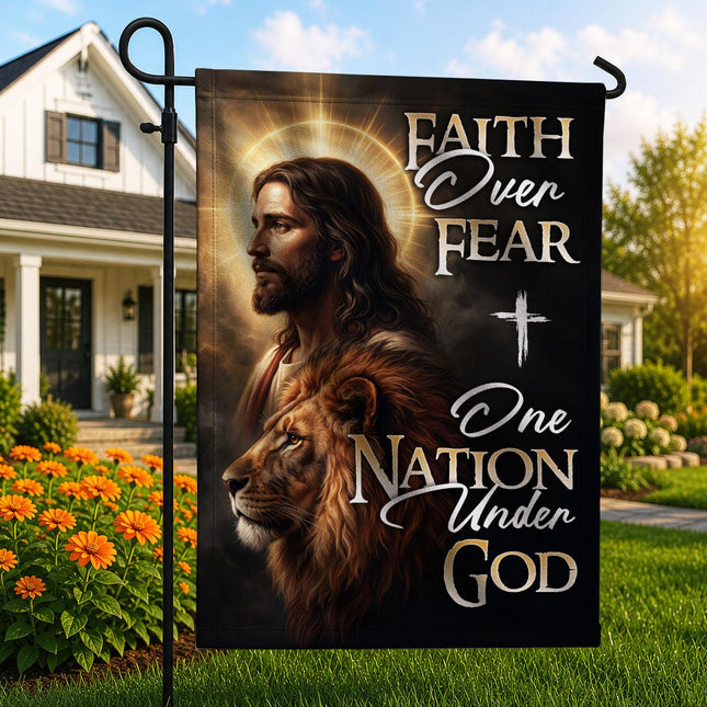 Faith Over Fear Jesus Lion Halo One Nation Under God Flag
