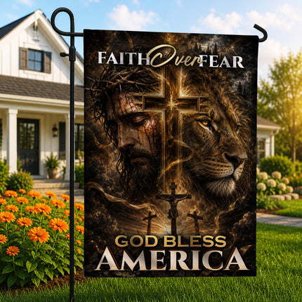 SP-01 Crucifixion of Christ Faith Over Fear God Bless America Garden Flag