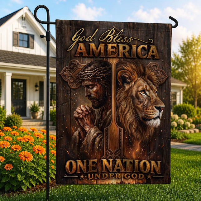 God Bless America Praying Jesus Lion Wooden Cross One Nation Under God Flag