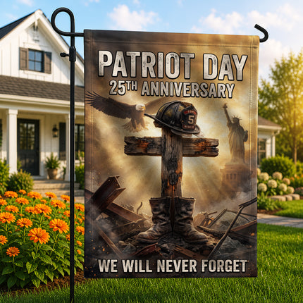 Patriot Day 25th Anniversary Fallen Firefighter Cross and Boots Memorial Flag