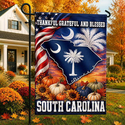 South Carolina Thankful Grateful Blessed Fall Garden Flag