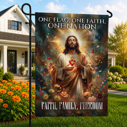SP-01 Jesus Garden Flag Sacred Heart Faith Family Freedom Holy Week Christmas