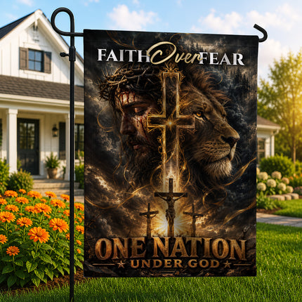 SP-01 Lion of Judah Jesus Christ Faith Over Fear Christian Garden Flag Faith-Based Events