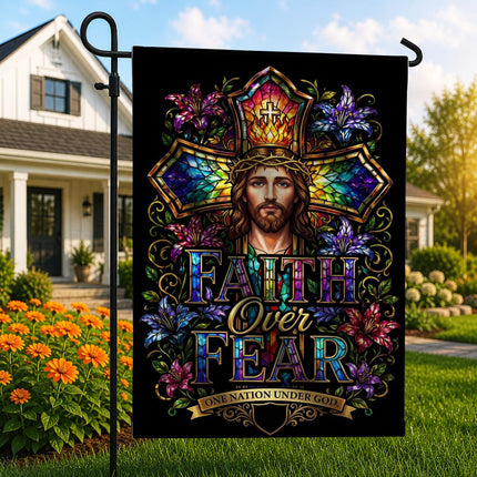 Faith Over Fear Stained Glass Jesus One Nation Under God Flag