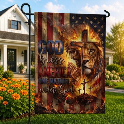 God Bless America Praying Jesus Lion One Nation Under God Flag