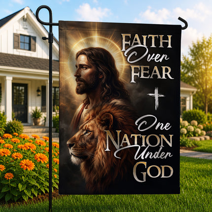 SP-01 One Nation Under God Faith Over Fear Lion of Judah Garden Flag Religious Celebrations