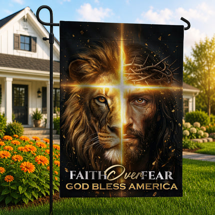 SP-01 Jesus Lion Flag Faith Over Fear God Bless America Memorial Day