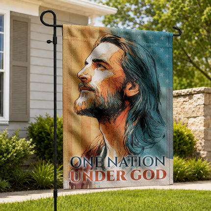 One Nation Under God Watercolor Jesus Portrait Flag
