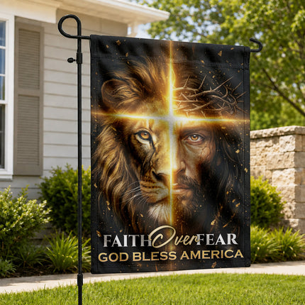 SP-01 Jesus Lion Flag Faith Over Fear God Bless America Memorial Day
