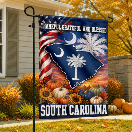 South Carolina Thankful Grateful Blessed Fall Garden Flag
