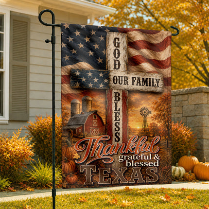 Texas Thankful Grateful Blessed God Family Rustic Farm Fall Flag