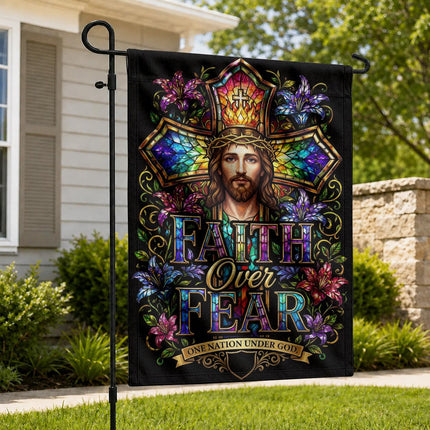 Faith Over Fear Stained Glass Jesus One Nation Under God Flag
