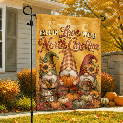 North Carolina Fall in Love Gnome Pumpkin Harvest Autumn Flag