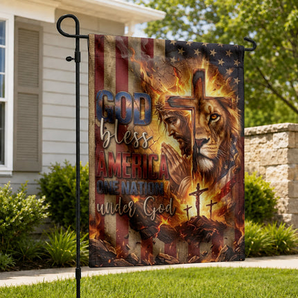 God Bless America Praying Jesus Lion One Nation Under God Flag