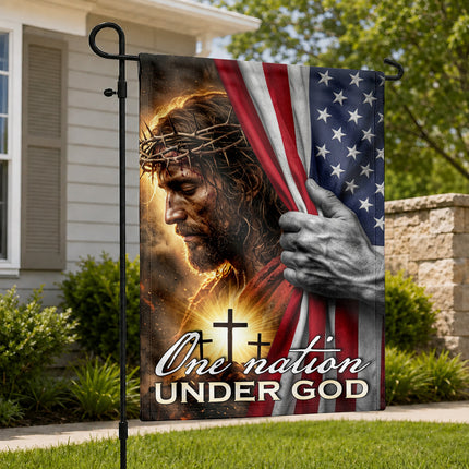 Jesus Crown of Thorns Christian Flag One Nation Under God American Cross