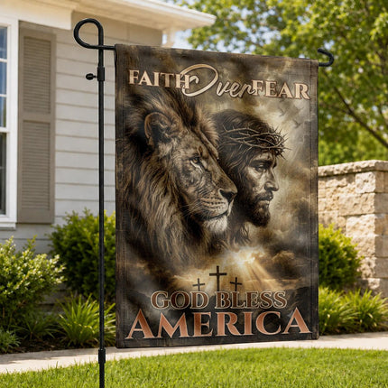 Faith Over Fear God Bless America Lion Jesus Flag