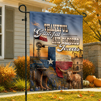 Texas Thankful Grateful Blessed Longhorn Cowboy Country Fall Flag