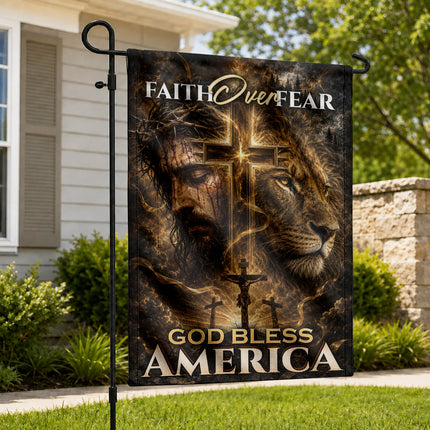 SP-01 Crucifixion of Christ Faith Over Fear God Bless America Garden Flag
