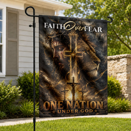 SP-01 Lion of Judah Jesus Christ Faith Over Fear Christian Garden Flag Faith-Based Events