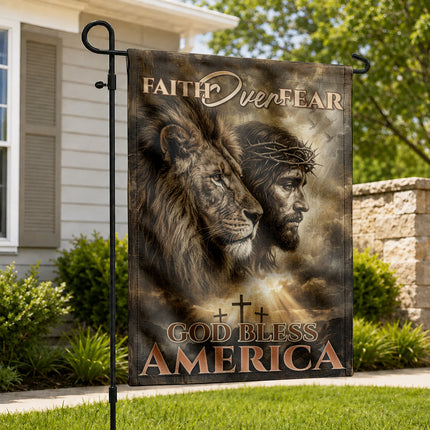 SP-01 Faith Over Fear God Bless America Lion of Judah Christian Garden Flag