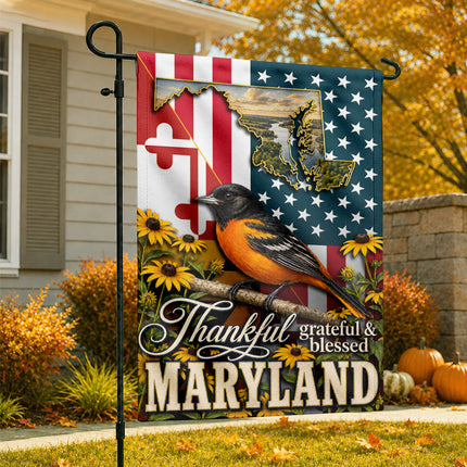 Maryland Thankful Grateful Blessed Oriole Sunflower Fall Flag