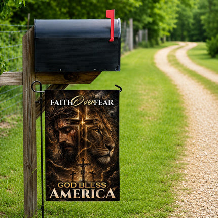 Faith Over Fear God Bless America Crucifixion Lion Cross Flag