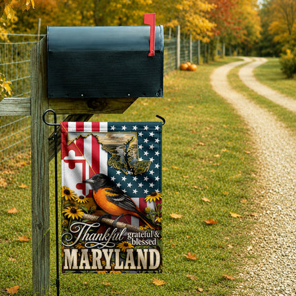 Maryland Thankful Grateful Blessed Oriole Sunflower Fall Flag