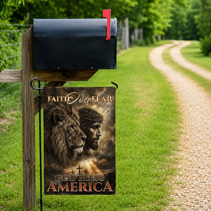 SP-01 Faith Over Fear God Bless America Lion of Judah Christian Garden Flag