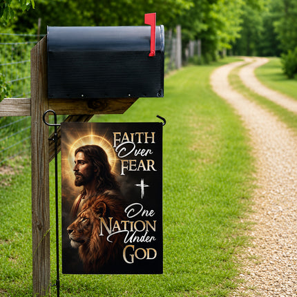 SP-01 One Nation Under God Faith Over Fear Lion of Judah Garden Flag Religious Celebrations