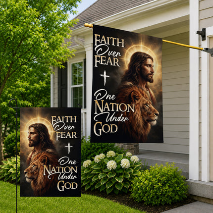 SP-01 One Nation Under God Faith Over Fear Lion of Judah Garden Flag Religious Celebrations