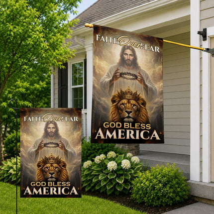Faith Over Fear Crowned Lion God Bless America Flag