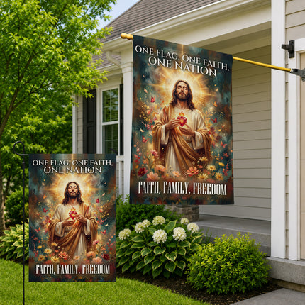 SP-01 Jesus Garden Flag Sacred Heart Faith Family Freedom Holy Week Christmas