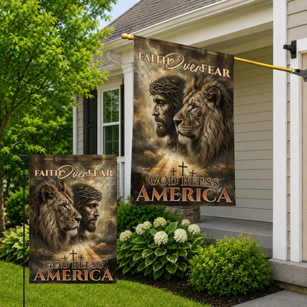 Faith Over Fear God Bless America Lion Jesus Flag