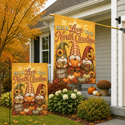 North Carolina Fall in Love Gnome Pumpkin Harvest Autumn Flag