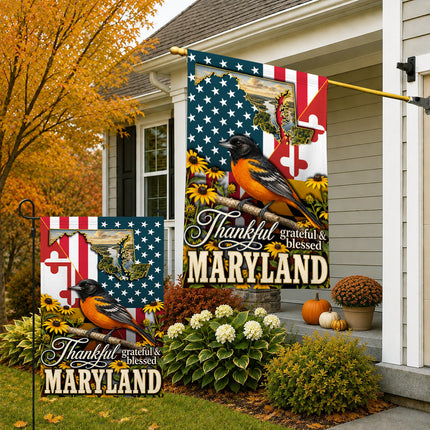 Maryland Thankful Grateful Blessed Oriole Sunflower Fall Flag
