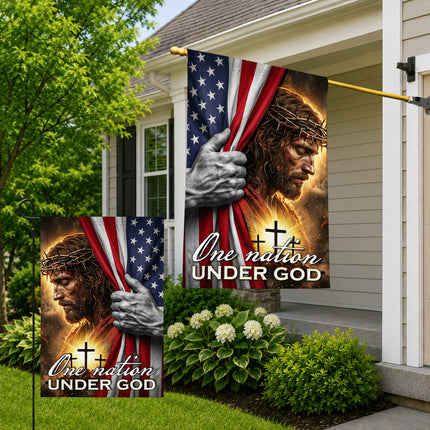 SP-01 Jesus Cross Flag One Nation Under God Patriotic Christian Garden Flag