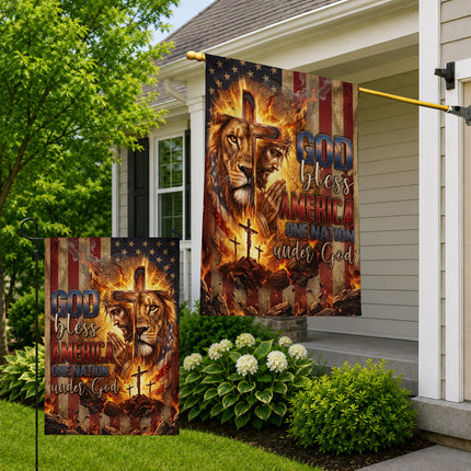 God Bless America Praying Jesus Lion One Nation Under God Flag