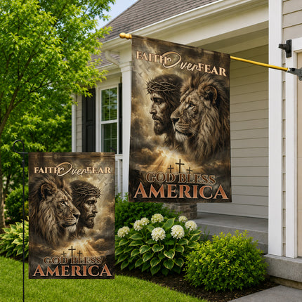 SP-01 Faith Over Fear God Bless America Lion of Judah Christian Garden Flag