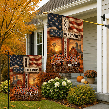 Texas Thankful Grateful Blessed God Family Rustic Farm Fall Flag