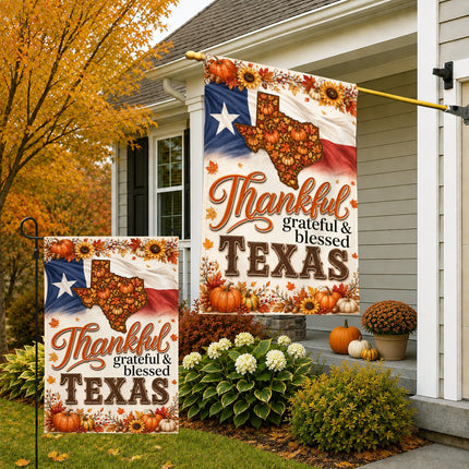 Texas Thankful Grateful Blessed Pumpkin Sunflower Fall Flag