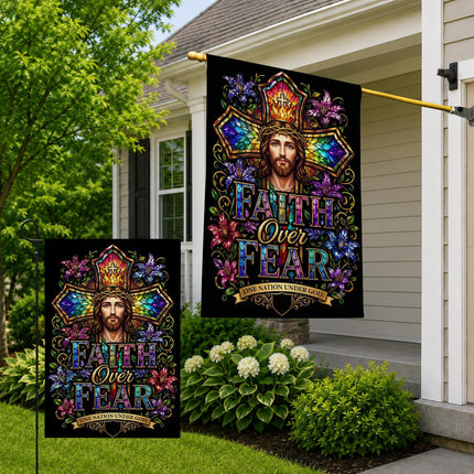 Faith Over Fear Stained Glass Jesus One Nation Under God Flag