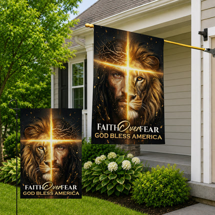 SP-01 Jesus Lion Flag Faith Over Fear God Bless America Memorial Day