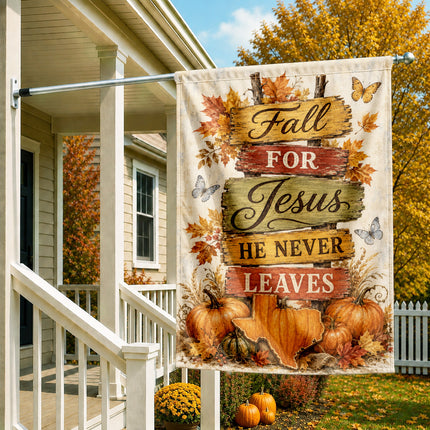 Texas Fall for Jesus He Never Leaves Rustic Pumpkin Christian Flag