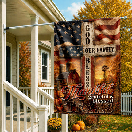 Texas Thankful Grateful Blessed God Family Rustic Farm Fall Flag