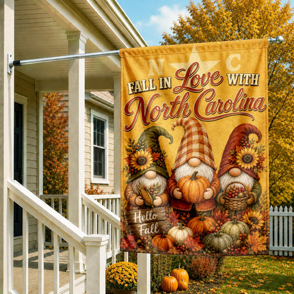 North Carolina Fall in Love Gnome Pumpkin Harvest Autumn Flag