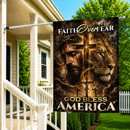 Faith Over Fear God Bless America Crucifixion Lion Cross Flag