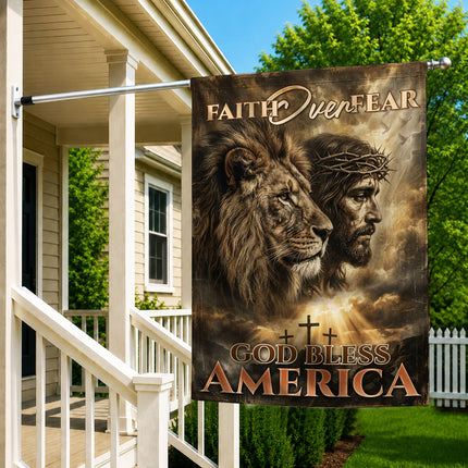 SP-01 Faith Over Fear God Bless America Lion of Judah Christian Garden Flag