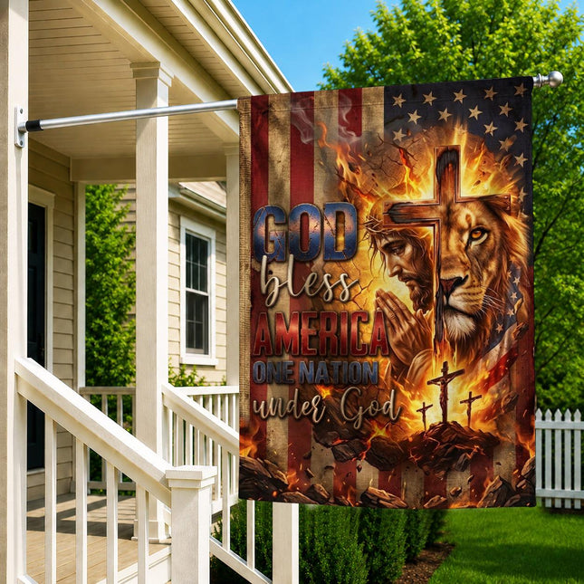 God Bless America Praying Jesus Lion One Nation Under God Flag