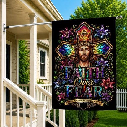 Faith Over Fear Stained Glass Jesus One Nation Under God Flag